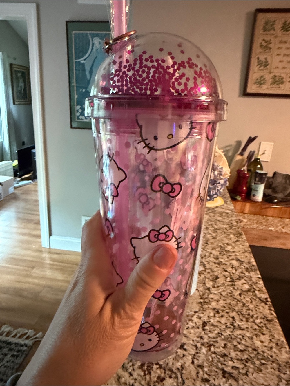 Hello Kitty Pink Glitter Double-Wall Tumbler with Dome Lid NWT